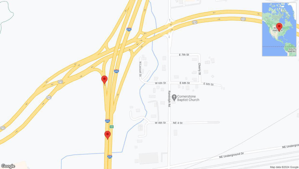 A detailed map that shows the affected road due to 'Broken down vehicle on Interstate 435 in Randolph' on August 17th at 11:20 p.m.