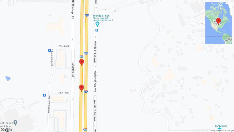 A detailed map that shows the affected road due to 'Broken down vehicle on southbound I-435 in Kansas City' on August 17th at 8:38 p.m.