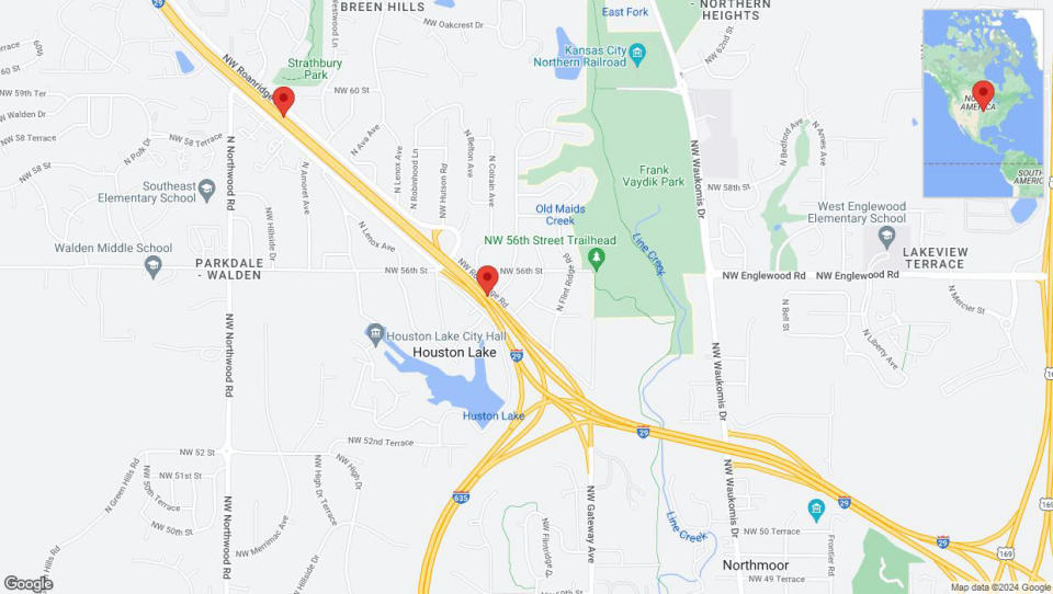 A detailed map that shows the affected road due to 'Crash reported on northbound I-29 in Kansas City' on August 17th at 1:26 p.m.