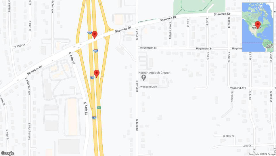 A detailed map that shows the affected road due to 'Broken down vehicle on northbound I-635 in Kansas City' on August 17th at 5:20 p.m.