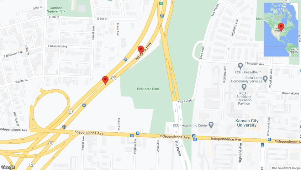 A detailed map that shows the affected road due to 'Broken down vehicle on northbound I-35 in Kansas City' on August 17th at 11:20 p.m.