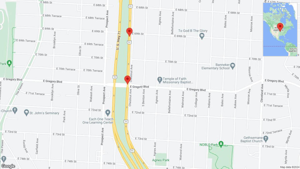 A detailed map that shows the affected road due to 'A crash has been reported on northbound the Bruce R Watkins Expressway/US-71' on August 17th at 10:20 p.m.