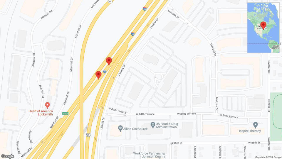 A detailed map that shows the affected road due to 'Broken down vehicle on eastbound I-35 in Lenexa' on August 17th at 4:38 p.m.