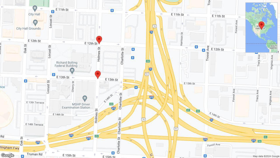 A detailed map that shows the affected road due to 'Holmes Street closed in Kansas City' on August 17th at 4:44 p.m.