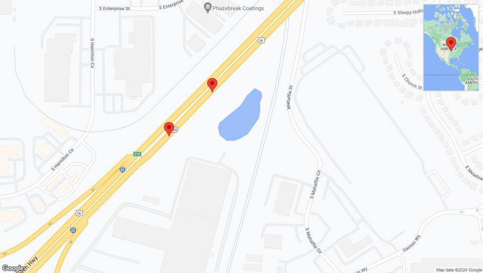 A detailed map that shows the affected road due to 'Broken down vehicle on eastbound I-35 in Olathe' on August 17th at 8:44 p.m.