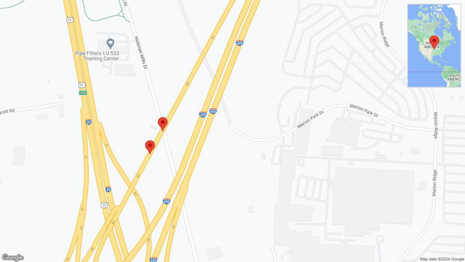 A detailed map that shows the affected road due to 'Broken down vehicle on Hickman Mills Drive in Kansas City' on August 17th at 1:08 p.m.