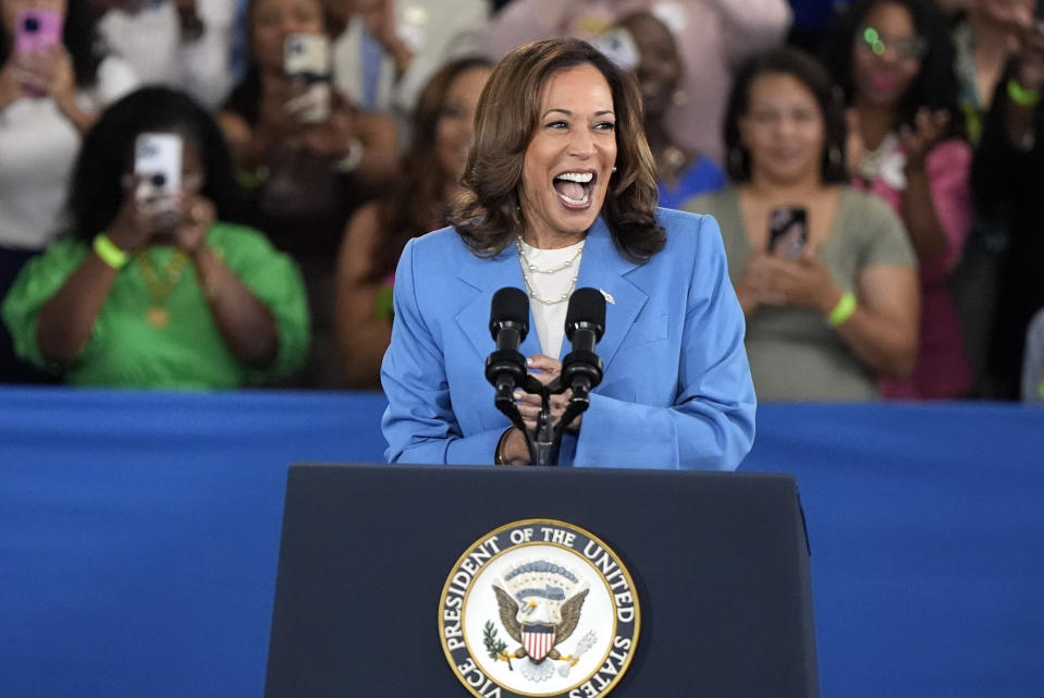 Democratic presidential nominee Vice President Kamala Harris speaks at a campaign event at Hendrick Center for Automotive Excellence on the Scott Northern Wake Campus of Wake Tech Community College in Raleigh, N.C., Friday, Aug. 16, 2024. (AP Photo/Mike Stewart)