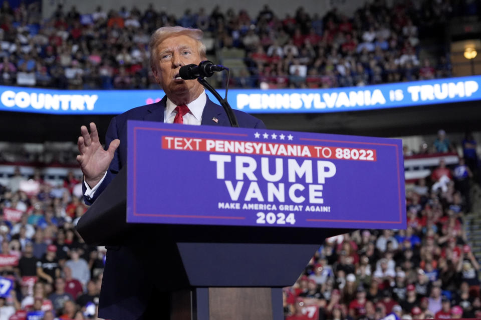 Republican presidential nominee former President Donald Trump speaks at a campaign rally at the Mohegan Sun Arena at Casey Plaza, Saturday, Aug. 17, 2024, in Wilkes-Barre, Pa. (AP Photo/Carolyn Kaster)