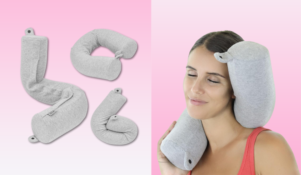 Three different ways to use and bend this travel pillow, woman using travel pillow to support her neck. (Amazon)