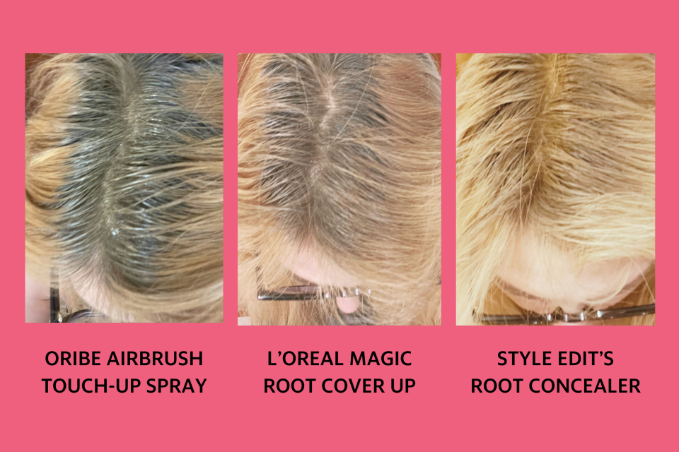 Testing Oribe, L'oreal and Style Edit's root cover-up sprays on four inches of gray outgrowth. 