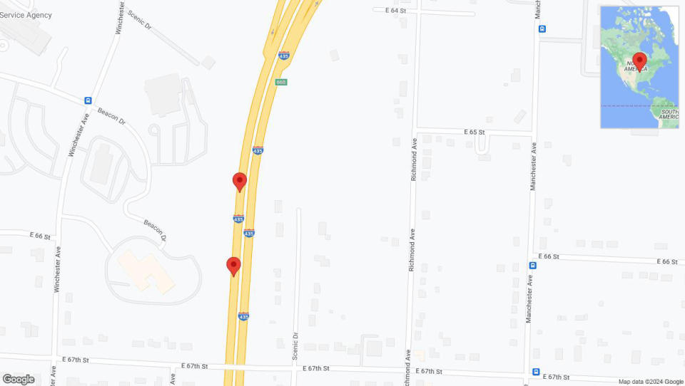 A detailed map that shows the affected road due to 'Broken down vehicle on southbound I-435 in Kansas City' on August 25th at 5:07 p.m.