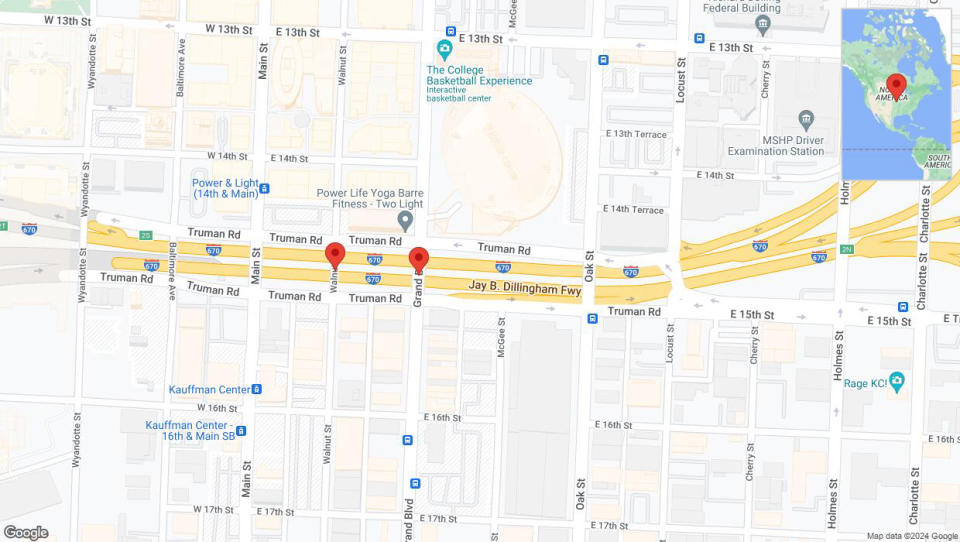 A detailed map that shows the affected road due to 'Broken down vehicle on eastbound I-670 in Kansas City' on August 22nd at 3:40 p.m.