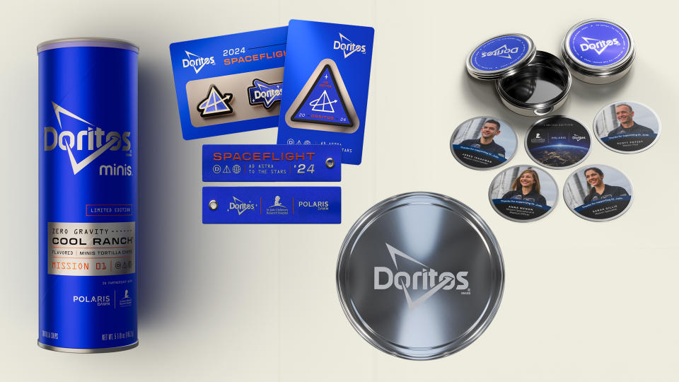 The Doritos chips flying on Polaris Dawn are packaged in special tins that are among the patches, pins and other prizes that will be awarded to those who donate to St. Jude's.