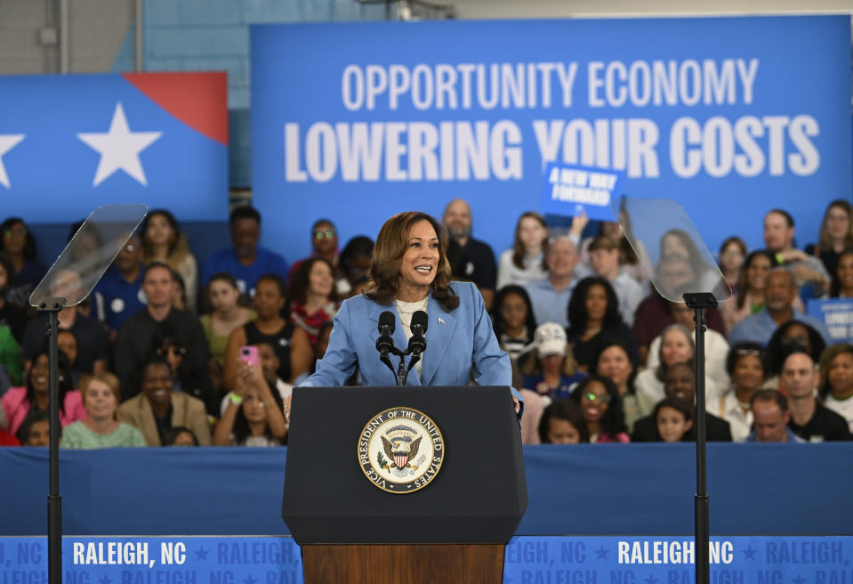 RALEIGH, NORTH CAROLINA - AUGUST 16: Democratic U.S. presidential candidate and Vice President Kamala Harris speaks on her policy platform, including improving the cost of living for all Americans and to lower costs for middle-class families at the Hendrick Center For Automotive Excellence in Raleigh, North Carolina on August 16, 2024. This is the candidate's first major policy speech since accepting the democratic party nomination. (Photo by Peter Zay/Anadolu via Getty Images)