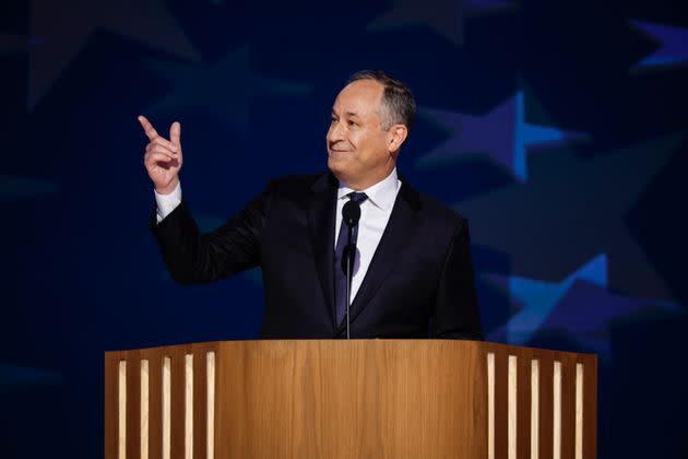 Second gentleman Doug Emhoff speaks on stage during the second day of the Democratic National Convention at the United Center on August 20, 2024 in Chicago, Illinois. 