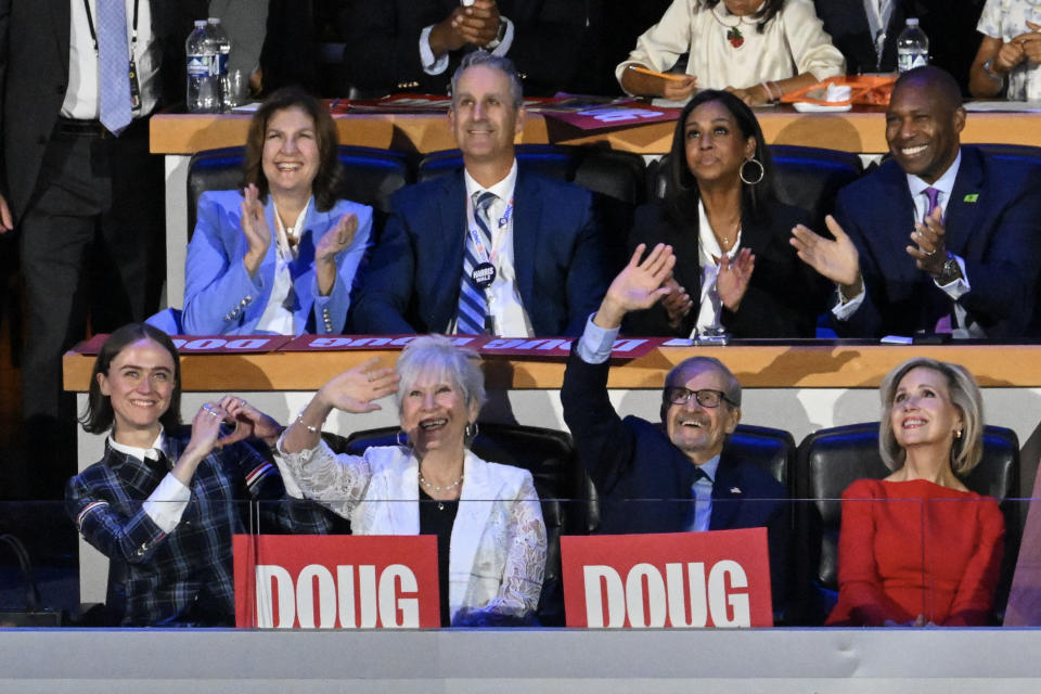 Ella Emhoff watched her father's speech as she sat beside his parents, Barbara and Michael Emhoff. 