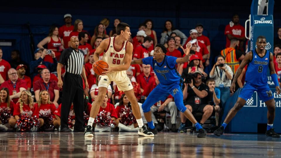 FAU center Vladislav Goldin posts up against Memphis forward Nae'Qwan Tomlin in their March 9, 2024 game in Boca Raton, Florida.