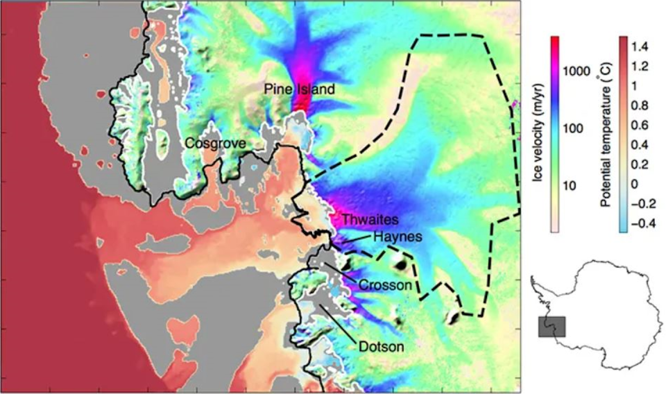 Colors show Thwaites Glacier flowing faster as it nears the ocean.