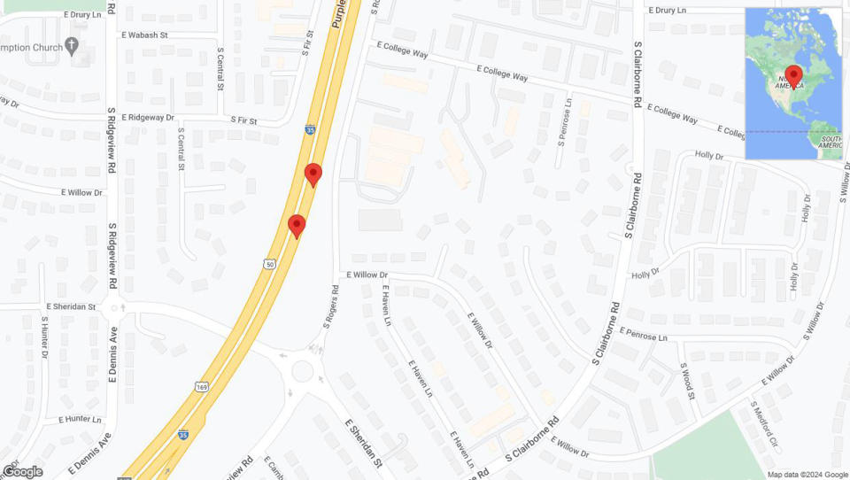 A detailed map that shows the affected road due to 'Broken down vehicle on eastbound I-35 in Olathe' on August 21st at 1:47 p.m.