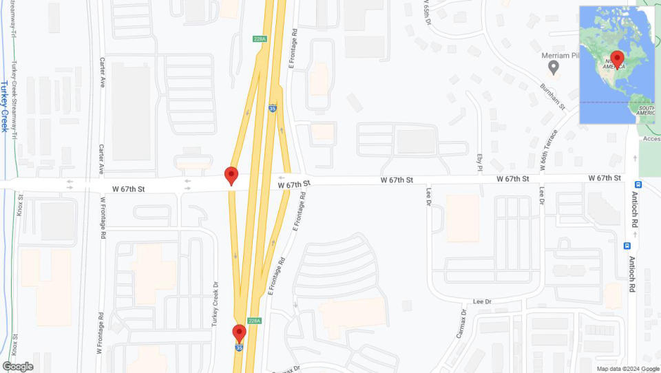 A detailed map that shows the affected road due to 'West 67th Street temporarily closed in Shawnee' on August 21st at 8:35 p.m.