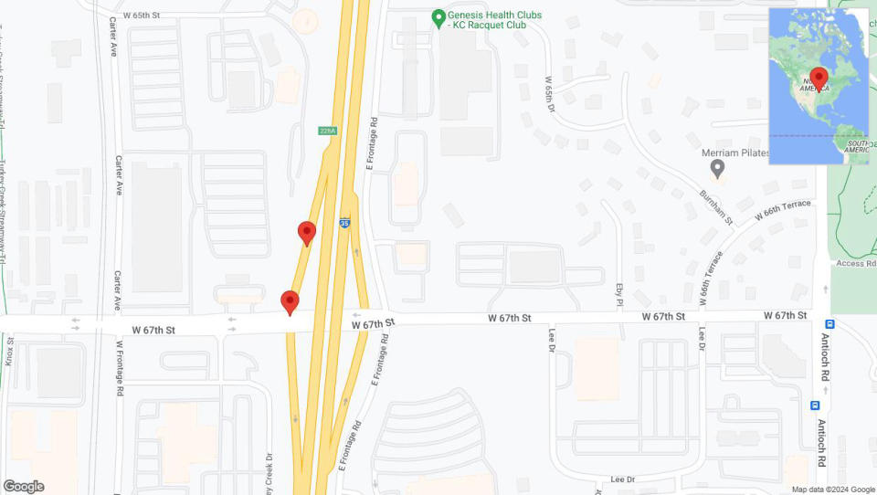 A detailed map that shows the affected road due to 'West 67th Street temporarily closed in Merriam' on August 21st at 7:29 p.m.