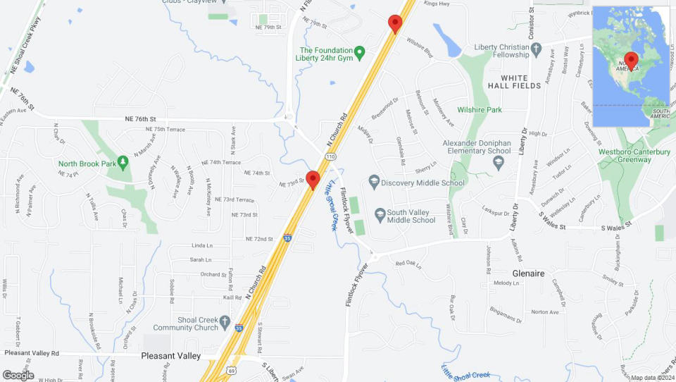 A detailed map that shows the affected road due to 'Crash update: I-35' on August 21st at 2:59 p.m.