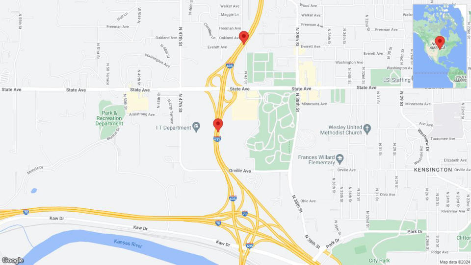 A detailed map that shows the affected road due to 'Lane on I-635 closed in Kansas City' on August 21st at 10:53 p.m.