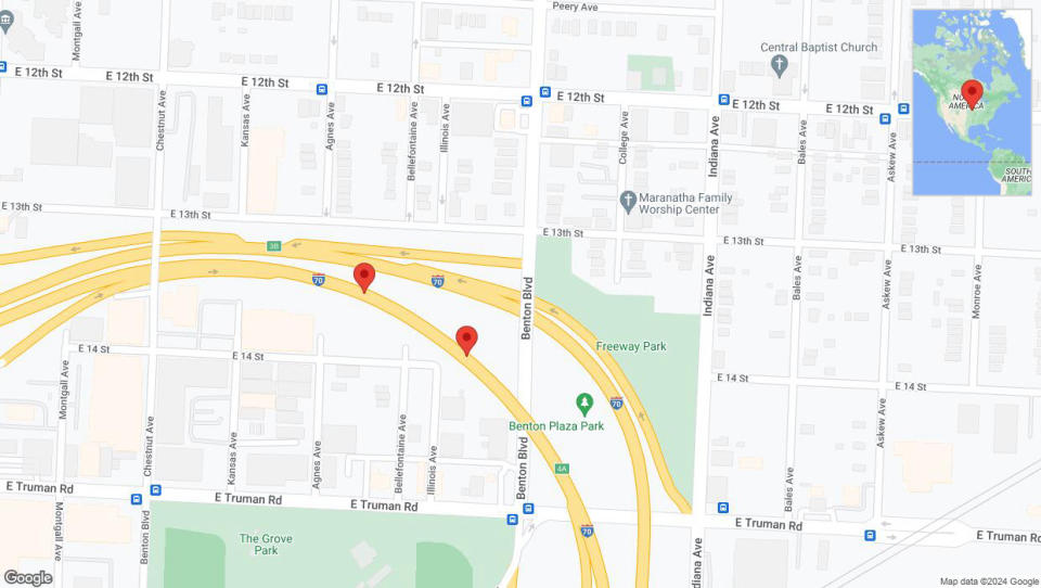 A detailed map that shows the affected road due to 'Broken down vehicle on eastbound I-70 in Kansas City' on August 21st at 3:53 p.m.