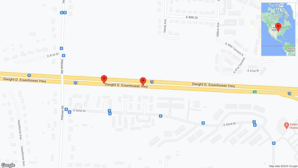 A detailed map that shows the affected road due to 'Broken down vehicle on eastbound I-70 in Kansas City' on August 21st at 4:35 p.m.