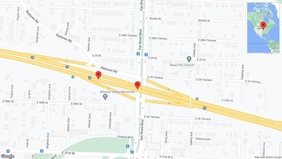 A detailed map that shows the affected road due to 'Reports of a crash on eastbound I-70' on August 21st at 11:05 p.m.