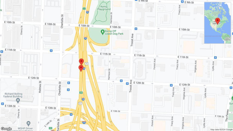 A detailed map that shows the affected road due to 'Broken down vehicle on eastbound I-70 in Kansas City' on August 21st at 11:41 p.m.