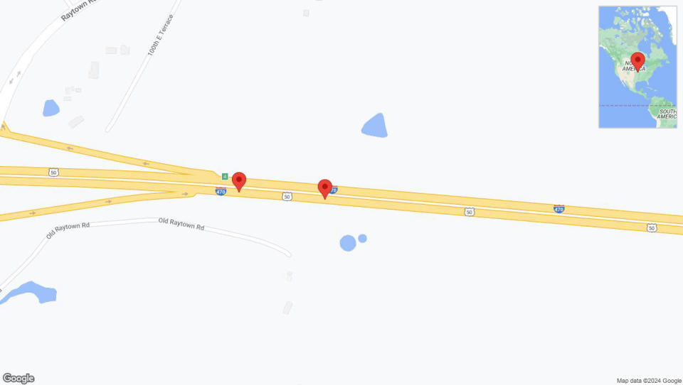 A detailed map that shows the affected road due to 'Broken down vehicle on eastbound I-470 in Kansas City' on August 21st at 3:41 p.m.