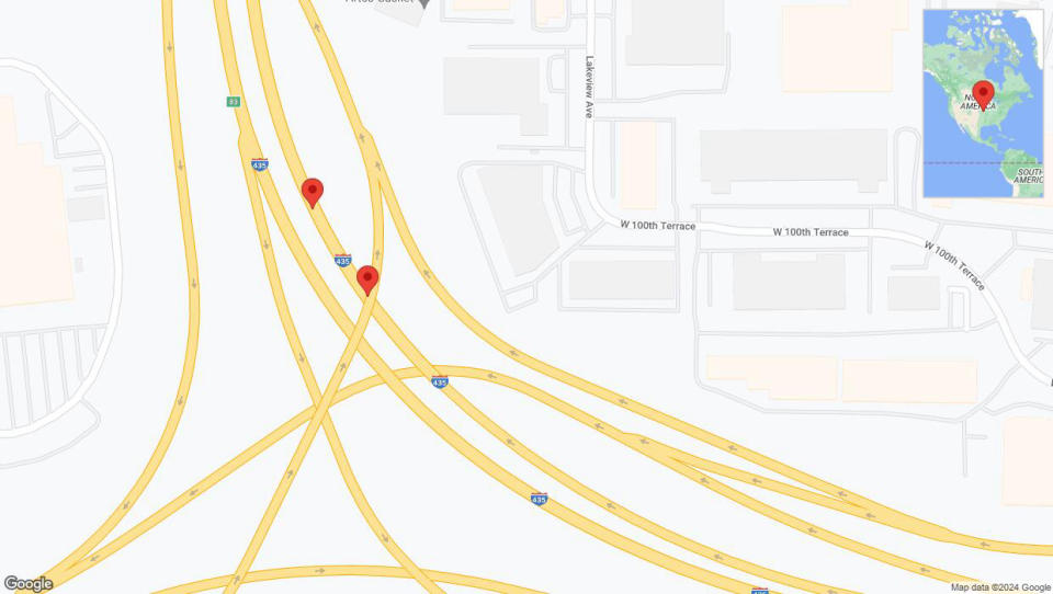 A detailed map that shows the affected road due to 'Broken down vehicle on northbound I-435 in Lenexa' on August 21st at 1:35 p.m.