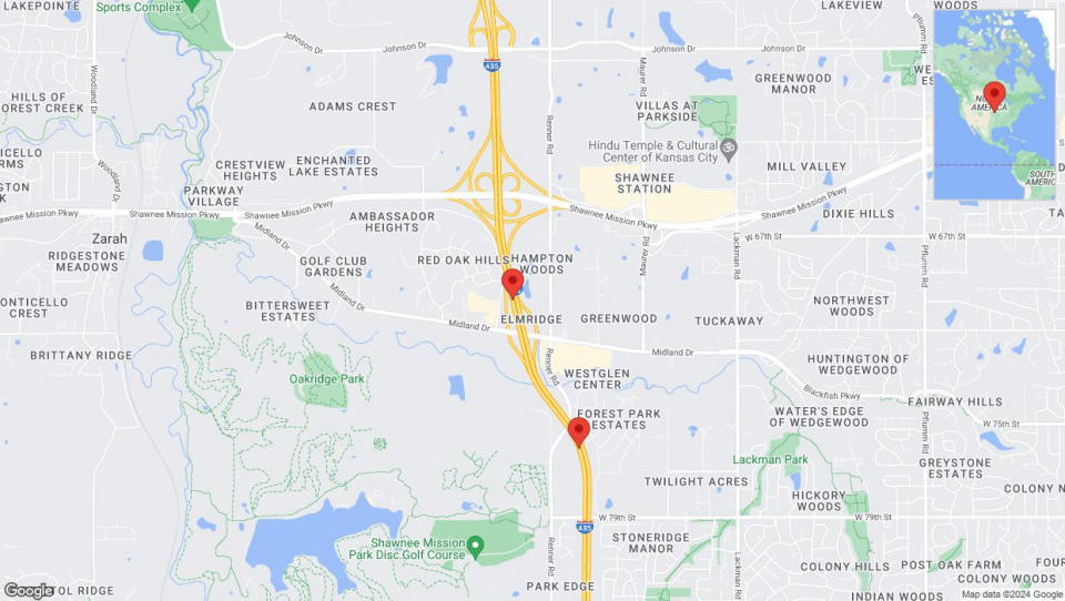 A detailed map that shows the affected road due to 'Lane on I-435 closed in Shawnee' on August 21st at 11:53 p.m.