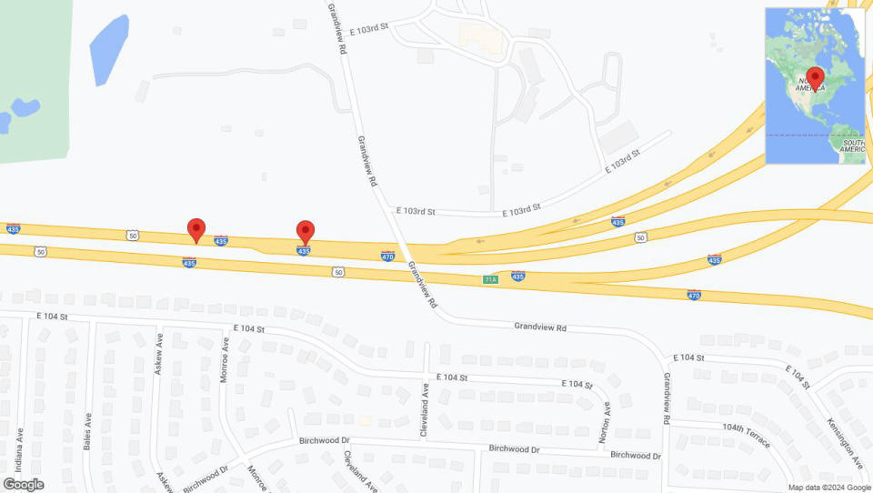 A detailed map that shows the affected road due to 'Broken down vehicle on southbound I-435 in Kansas City' on August 21st at 7:59 p.m.