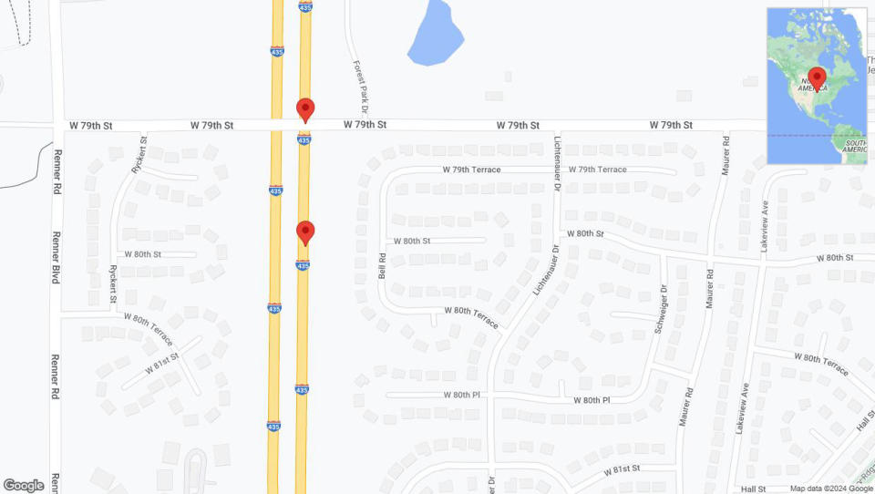 A detailed map that shows the affected road due to 'Broken down vehicle on northbound I-435 in Lenexa' on August 21st at 10:05 p.m.