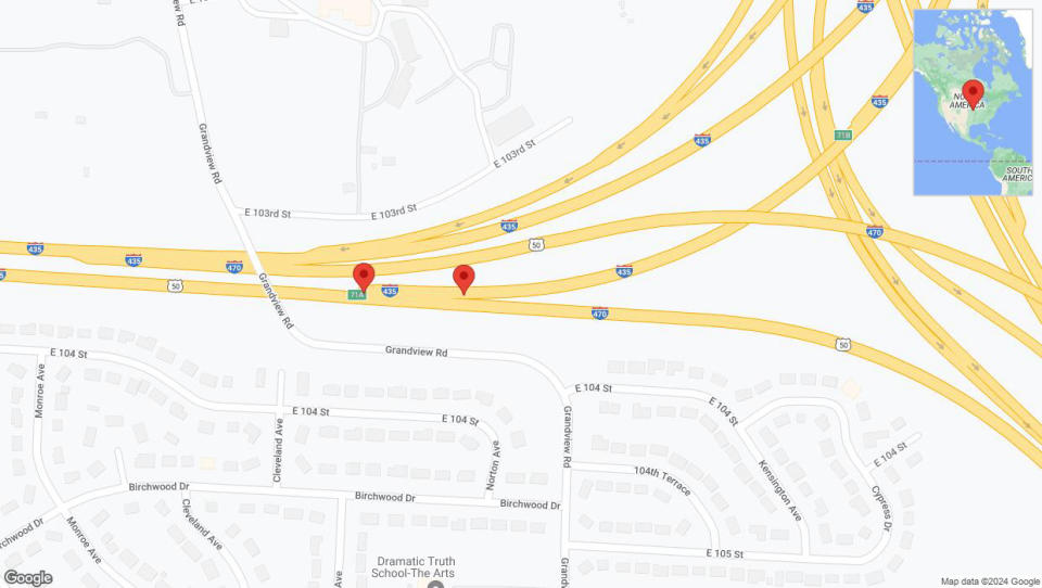 A detailed map that shows the affected road due to 'Broken down vehicle on northbound I-435 in Kansas City' on August 21st at 3:17 p.m.