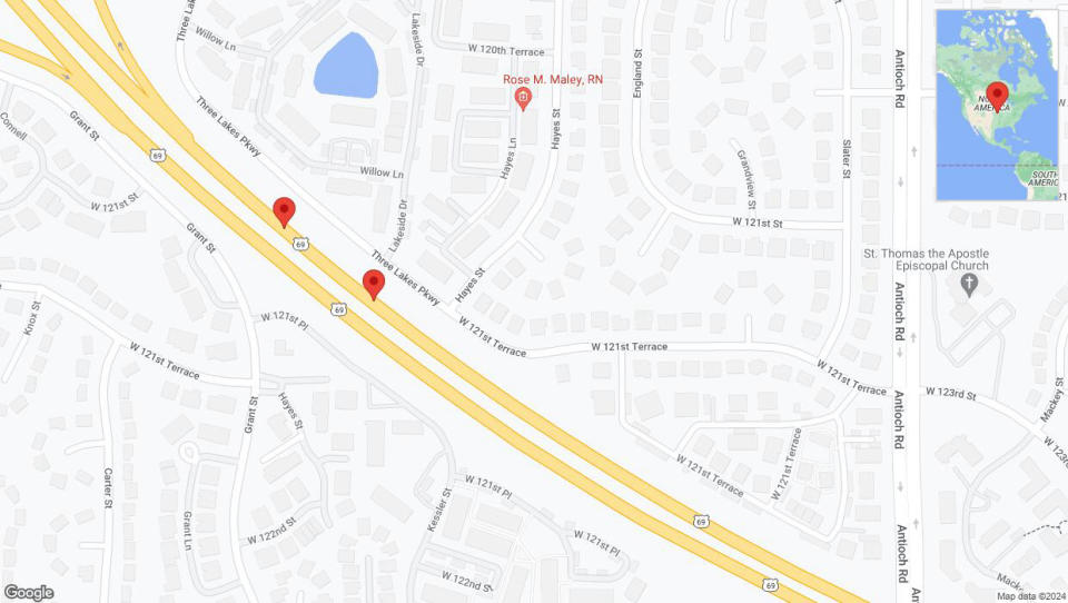 A detailed map that shows the affected road due to 'Broken down vehicle on northbound US-69 in Overland Park' on August 21st at 6:23 p.m.