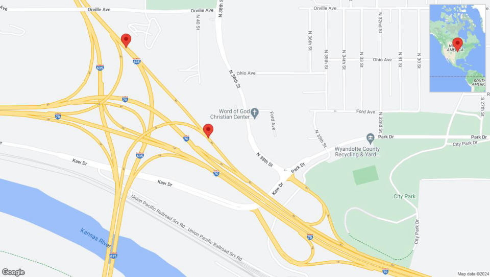 A detailed map that shows the affected road due to 'Kansas City: Road closed' on August 21st at 9:29 p.m.