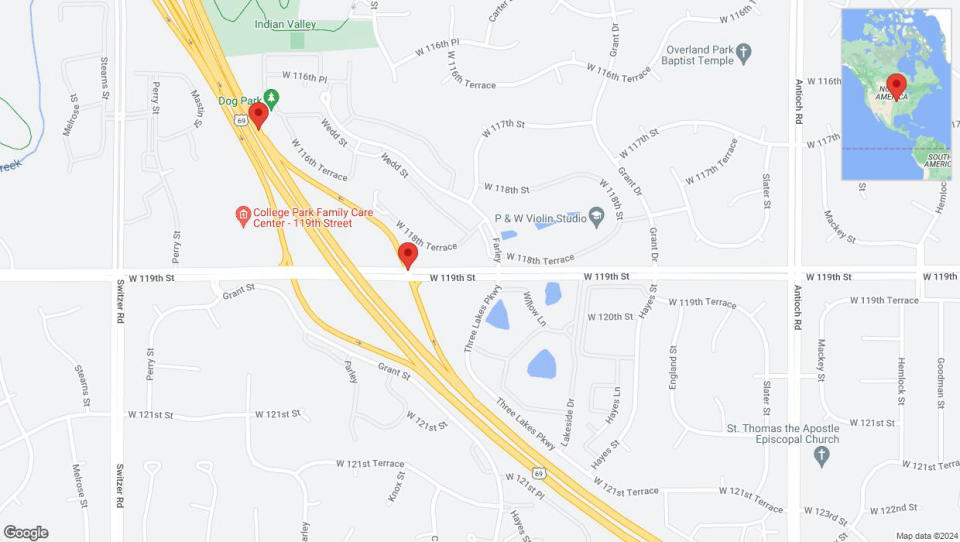 A detailed map that shows the affected road due to 'Overland Park: West 118th Terrace temporarily closed' on August 21st at 8:17 p.m.