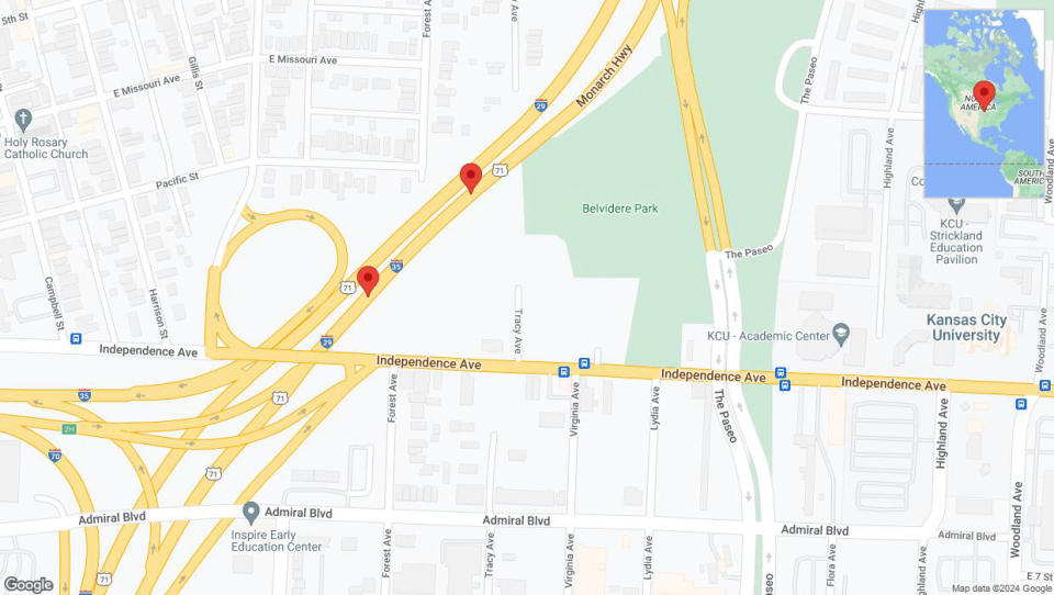 A detailed map that shows the affected road due to 'Broken down vehicle on northbound I-35 in Kansas City' on August 21st at 5:35 p.m.