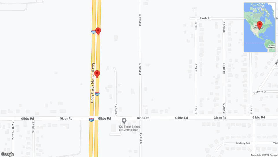 A detailed map that shows the affected road due to 'Broken down vehicle on northbound I-635 in Kansas City' on August 21st at 5:35 p.m.