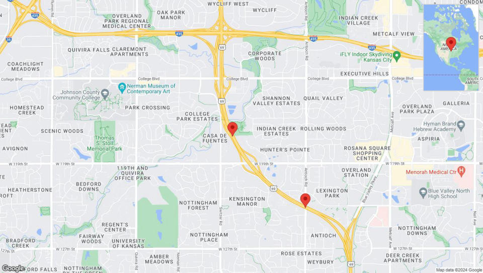 A detailed map that shows the affected road due to 'Lane on US-69 closed in Overland Park' on August 21st at 3:53 p.m.