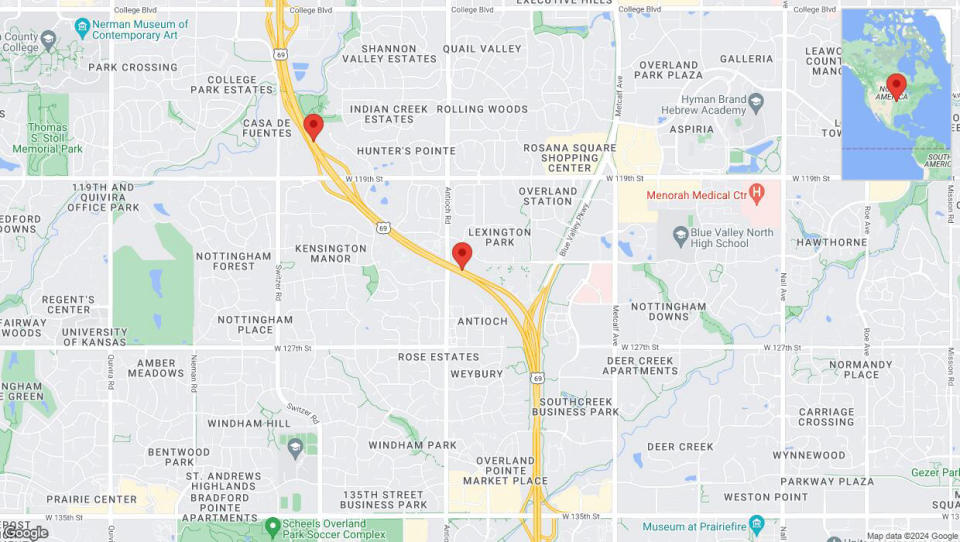 A detailed map that shows the affected road due to 'Lane on US-69 closed in Overland Park' on August 25th at 9:01 p.m.