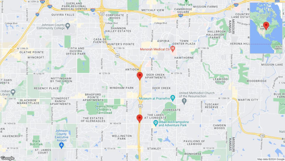 A detailed map that shows the affected road due to 'Lane on US-69 closed in Overland Park' on August 21st at 3:53 p.m.