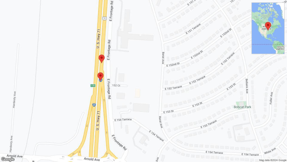 A detailed map that shows the affected road due to 'Broken down vehicle on northbound I-40/US-71 in Grandview' on August 21st at 6:59 p.m.