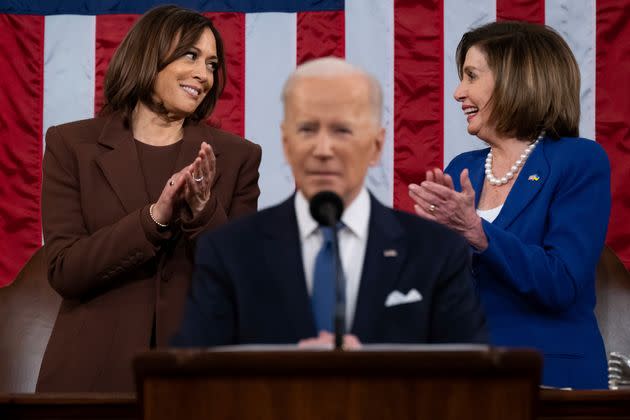 Harris and then-House speaker Pelosi react during Biden's first State of the Union.