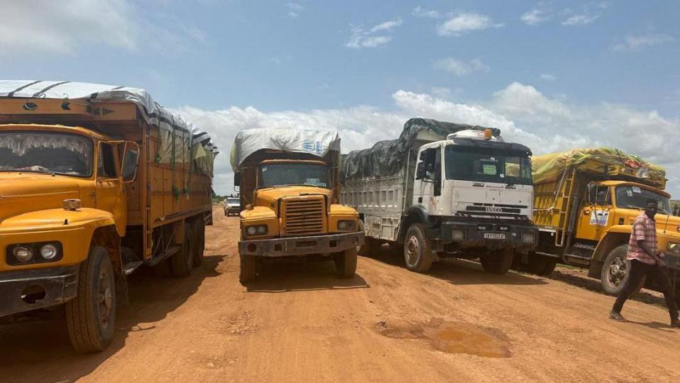 Aid trucks with relief material for Sudan's Darfur region, at a location given as the border of Chad and Sudan.