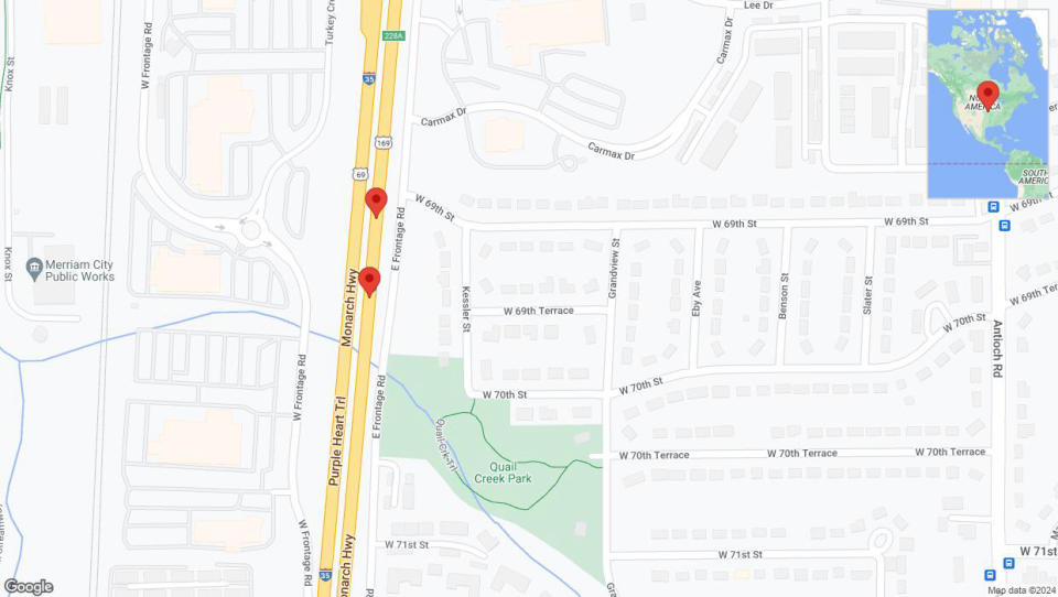 A detailed map that shows the affected road due to 'Broken down vehicle on eastbound I-35 in Overland Park' on August 22nd at 5:52 p.m.