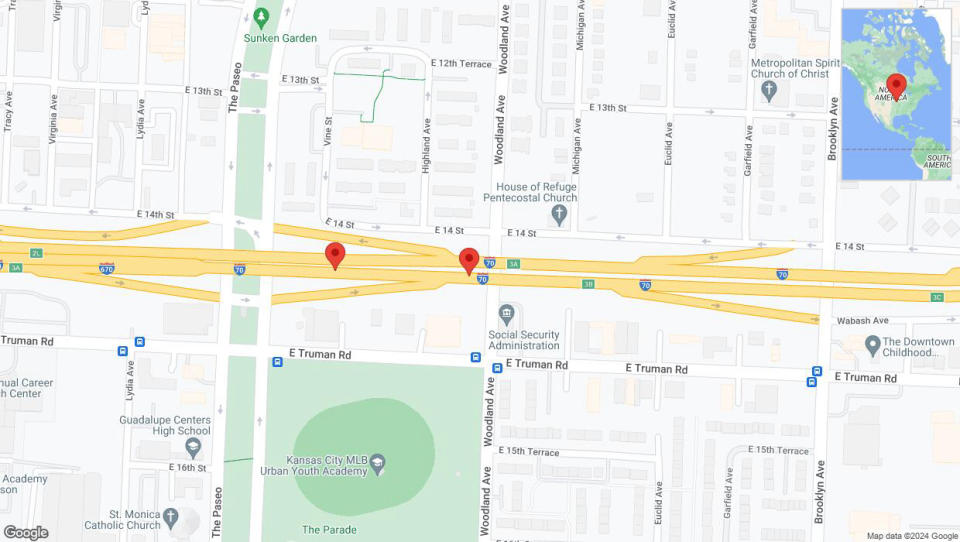 A detailed map that shows the affected road due to 'Broken down vehicle on eastbound I-70 in Kansas City' on August 22nd at 9:28 p.m.